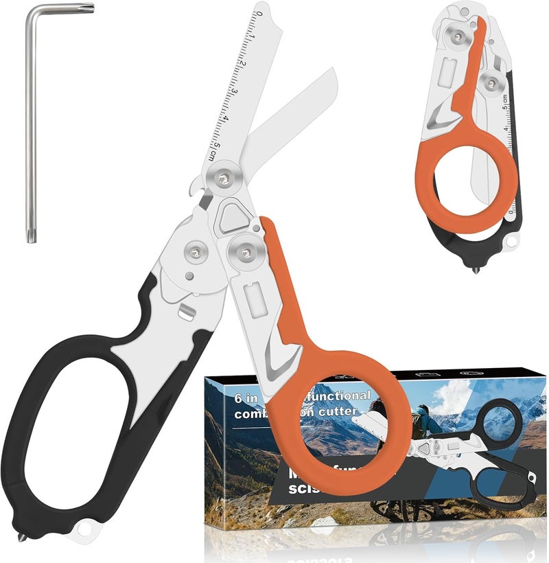 Lemasa6 in 1 6 in 1 trauma shears, Folding Retractable Emergency Shears, Outdoor Camping Tools, Seat Belt Cutter, Oxygen Cylinder Wrench, Complimentary Adjustable Wrench (Black Orange) - Image 1